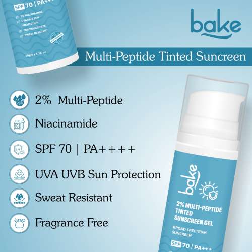 Bake Cosmetics: 2% Multi Peptide Tinted Sunscreen SPF 70 PA+++ with 2% Niacinamide For Water & Sweat Resistant & Broad Spectrum Sunscreen 50gm