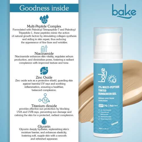 Bake Cosmetics: 2% Multi Peptide Tinted Sunscreen SPF 70 PA+++ with 2% Niacinamide For Water & Sweat Resistant & Broad Spectrum Sunscreen 50gm