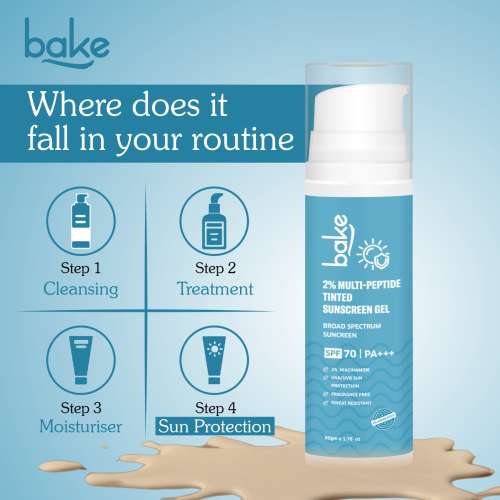 Bake Cosmetics: 2% Multi Peptide Tinted Sunscreen SPF 70 PA+++ with 2% Niacinamide For Water & Sweat Resistant & Broad Spectrum Sunscreen 50gm