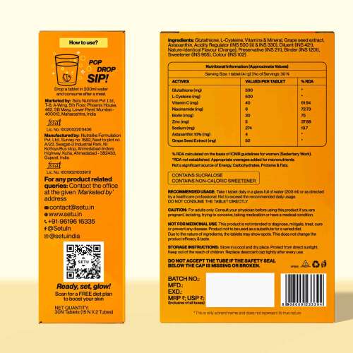 SETU: Skin Renew - 60 Effervescent Tablets | Glutathione With Vitamin C, Gluta Fizz, Supports Detoxification, Sugar-Free | Orange Flavour