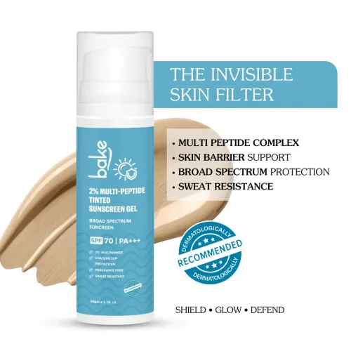 Bake Cosmetics: 2% Multi Peptide Tinted Sunscreen SPF 70 PA+++ with 2% Niacinamide For Water & Sweat Resistant & Broad Spectrum Sunscreen 50gm