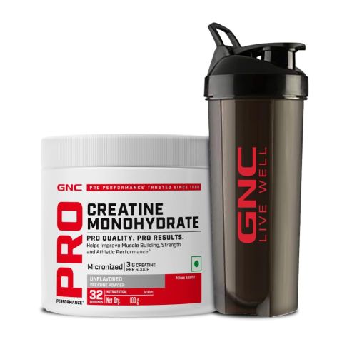 GNC: Creatine Monohydrate with Shaker Combo | Unflavoured | 100gm | 750ml