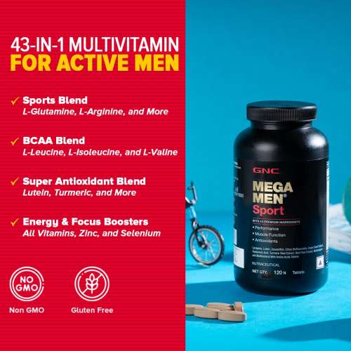 GNC: Mega Men Sport Multivitamin for Men | Formulated In USA | 43 Premium Ingredients | 120 Tablets GNC: Mega Men Sport Multivitamin for Men | Formulated In USA | 43 Premium Ingredients | 120 Tablets