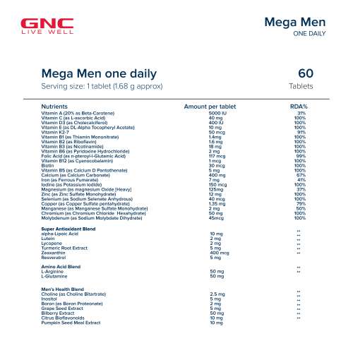 GNC: Mega Men One Daily Multivitamin for Men | Formulated In USA | 32 Premium Ingredients | 60 Tablets