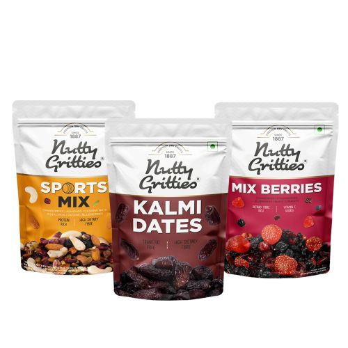 Nutty Gritties: Sports Mix (350g) Mix Berries (200g) & Kalmi Dates (350g) Combo - 900g