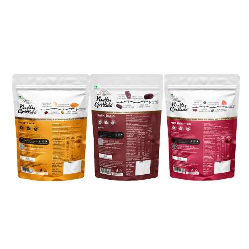 Nutty Gritties: Sports Mix (350g) Mix Berries (200g) & Kalmi Dates (350g) Combo - 900g