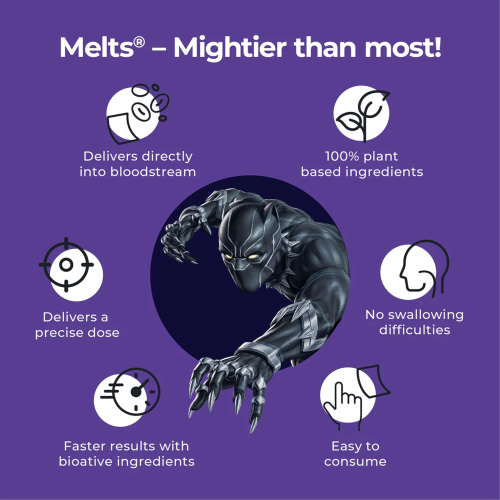 Wellbeing Nutrition: Black Panther Melts - Kids Organic Advanced Immunity - Valencia Orange Flavor (30 Thin Strips)