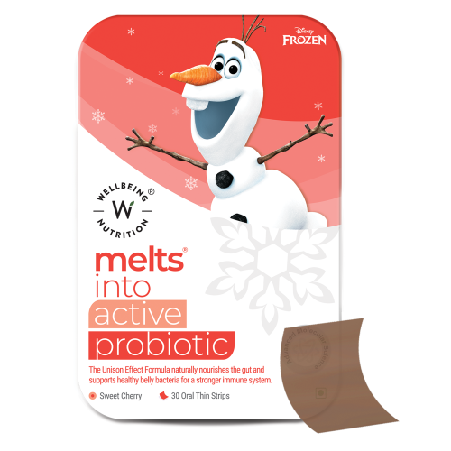 Wellbeing Nutrition: Frozen Olaf Melts | Kids Organic Active Probiotic & Prebiotic, Vitamin C & D3 - Sweet Cherry Flavor (30 Oral Thin Strips)