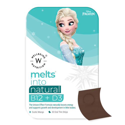 Wellbeing Nutrition: Frozen Elsa Melts - Kids Organic Vitamin B12, D3+K2 & Folate - Mango Flavor (30 Oral Thin Strips)