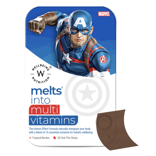 Wellbeing Nutrition: Captain America Melts | Kids Organic Multivitamin with Vitamin A, B-Complex, C, D and Iron - Mixed Berry Flavor (30 Oral Thin Strips)