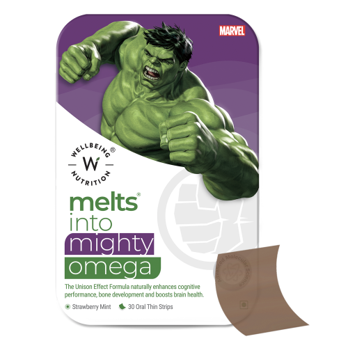 Wellbeing Nutrition: Marvel Hulk Melts | Kids Vegan Algae Omega-3(EPA & DHA), Alpha GPC - Strawberry Mint Flavor (30 OralThin Strips)