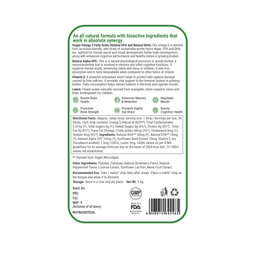 Wellbeing Nutrition: Marvel Hulk Melts | Kids Vegan Algae Omega-3(EPA & DHA), Alpha GPC - Strawberry Mint Flavor (30 OralThin Strips)