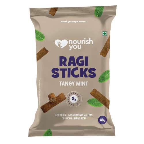 Nourish You: Organic Millet Snack - Ragi Sticks( Chips ) - Tangy Mint Flavour - Healthy Snacks ,  Gluten free -60gm