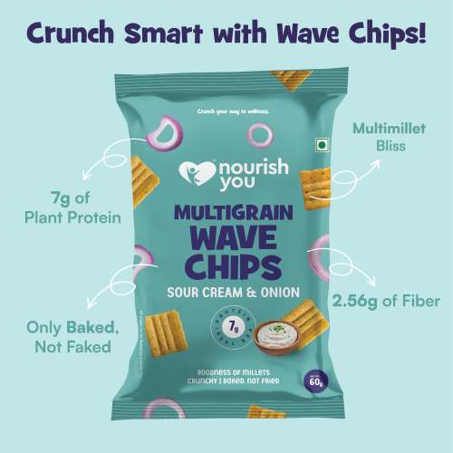 Nourish You: Organic Millet Snack - Multigrain Wave Chips  - Sour cream & Onion Flavour - Healthy Snacks ,  Gluten free -60gm