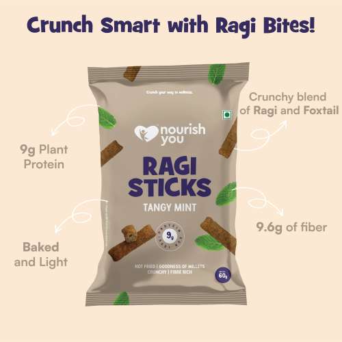 Nourish You: Organic Millet Snack - Ragi Sticks( Chips ) - Tangy Mint Flavour - Healthy Snacks ,  Gluten free -60gm