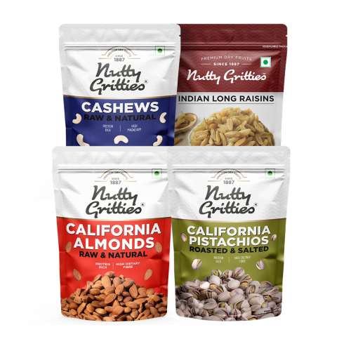Nutty Gritties: Mixed Nuts Dry Fruits - California Almonds, Salted Pistachios, Cashews and Raisins Combo (200g Each) - 800g