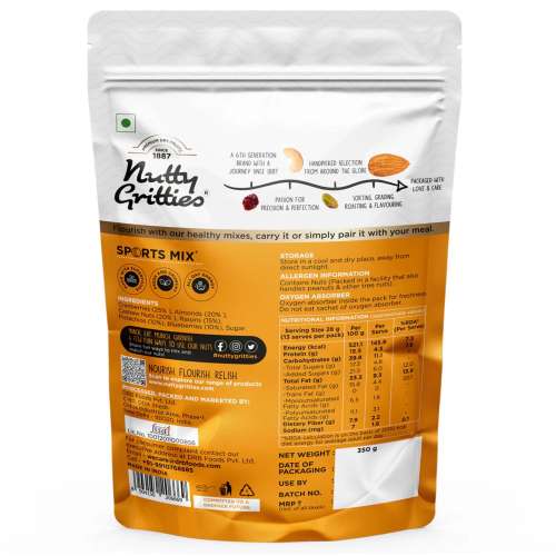Nutty Gritties: Sports Mix - Roasted Almonds, Cashews, Pistachios, Dried Blueberries, Cranberries and Raisins - 350g (Family Pack of 2 )