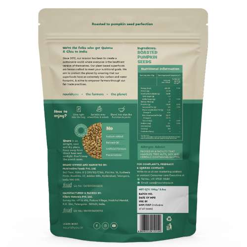 Nourish You: Organic Roasted Pumpkin Seeds - Gluten free & Protein rich , Healthy Snacks  -Pack of 1 ( 100g )