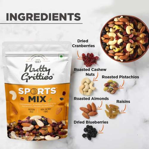 Nutty Gritties: Sports Mix - Roasted Almonds, Cashews, Pistachios, Dried Blueberries, Cranberries and Raisins - 350g (Family Pack of 2 )