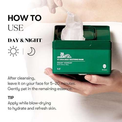 VT Cosmetics: CICA Daily Soothing Mask | Calming Care | Redness Relief | Sensitive Skin | Soothing | 30ea