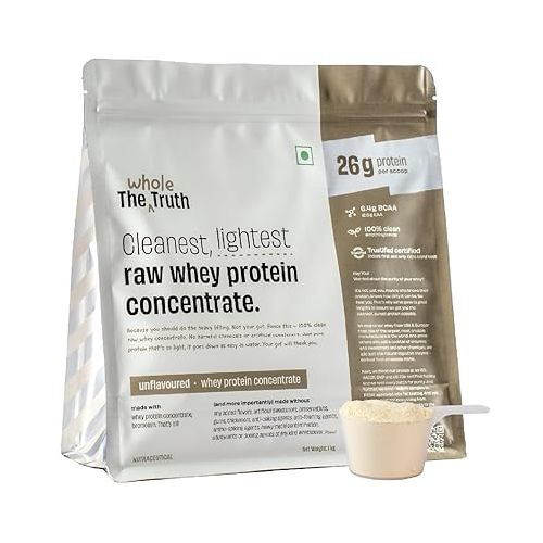 The Whole Truth: Whey Protein Concentrate Unflavoured 1 kg (2.2 lbs)  26g Protein per scoop  6.4g BCAA  100% Authentic Whey & No Adulteration  Clean and Light  Muscle Building  Vegetarian