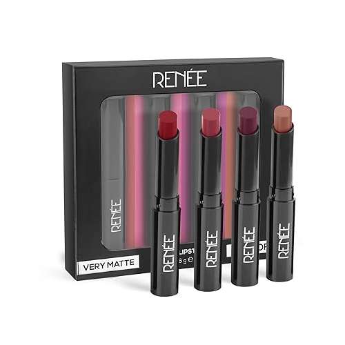 Renee Cosmetics: Very Matte - Pack of 4 Matte Lipsticks  Intense Color Pay Off, Full Coverage Long Lasting Weightless Velvety Formula