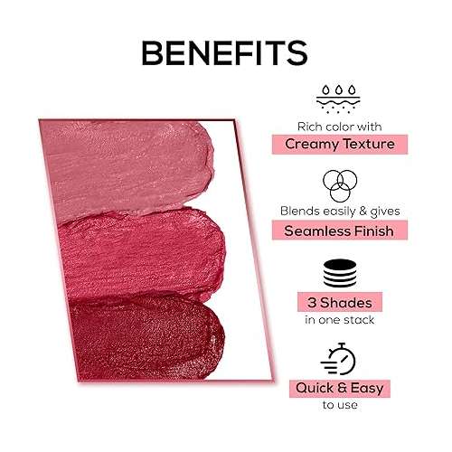 Renee Cosmetics: Glam Stack 3-In-1 Lip & Cheek Tint - Pink 4.5g - 3 Shades in 1, Rich Creamy Natural Seamless Finish, Smooth & Blendable Formula - Travel Friendly, Quick & Easy to Use