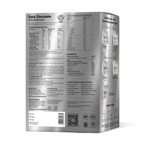 Wellbeing Nutrition: 100% Whey Protein Isolate (Dark Chocolate)  213g Pack of 6  26g Protein, 13g EAA  Clinically Proven 2x Muscle Protein Synthesis 4B CFU Probiotics  Digestive Enzymes  Easy to Digest