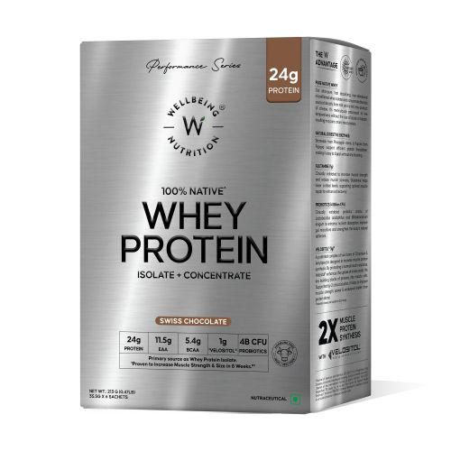 Wellbeing Nutrition: Whey Protein Isolate + Concentrate (Swiss Chocolate) 213g Pack of 6 24g Protein, 11.5g EAA, 1g Glutamine Clinically Proven 2x Muscle Protein Synthesis 4B CFU Probiotics & Digestive Enzymes Wellbeing Nutrition: Whey Protein Isolate + Concentrate (Swiss Chocolate) 213g Pack of 6 24g Protein, 11.5g EAA, 1g Glutamine Clinically Proven 2x Muscle Protein Synthesis 4B CFU Probiotics & Digestive Enzymes
