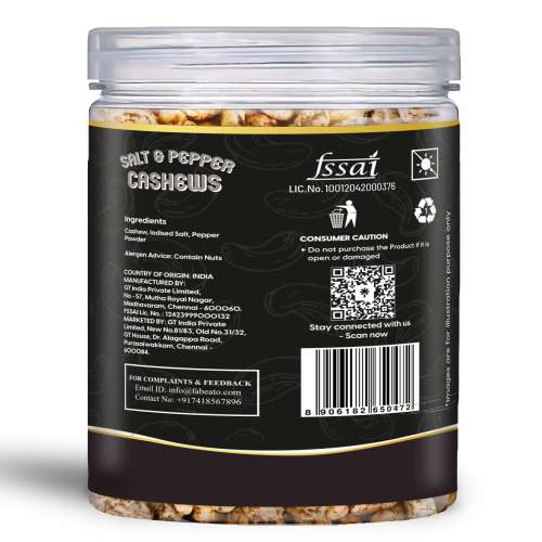 Fabeato: Salt & Pepper Cashews 250g - Premium Kaju Dry Fruits, Whole Crunchy Cashews- Rich in Protein, Nutritious, Crunchy & Delicious - Gluten Free -Plant based Protein