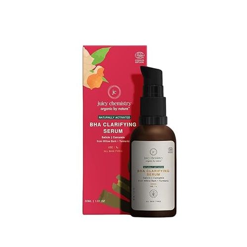 Juicy Chemistry: BHA Serum, 30 ml, for Face Acne Control & Pitted Scars, Certified Natural Clarifying Face Serum with Willow Bark & Turmeric, Exfoliates & Improves Skin Texture