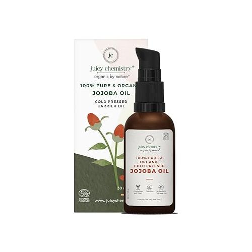 Juicy Chemistry: Organic Jojoba Oil, 30 ml | 100% Pure, Cold Pressed & Virgin | Carrier Oil for Skin, Hair & Cuticles | Naturally Rich in Vitamin E & Ceramides | Deeply Moisturising Anti-Ageing Oil for Men and Women | Ceramide Rich for Skin Barrier Protection & Collagen