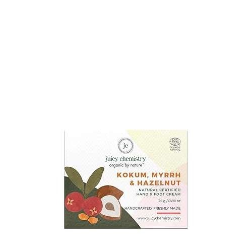 Juicy Chemistry: Kokum, Myrhh & Hazelnut Hand & Foot Cream, 25 g | Organic Hand & Foot Cream for Moisturising Dry Skin & Repairing Cracked Heels | Ecocert Certified Organic for Men & Women | Cruelty-free & 100% Veg