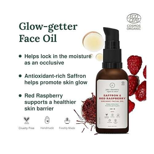 Juicy Chemistry: Saffron & Red Raspberry Facial Oil, 30 ml | Organic Face Oil for Skin Brightening & Moisturising | Ecocert Certified for Men & Women | Cruelty-free & 100% Vegan Face Oil