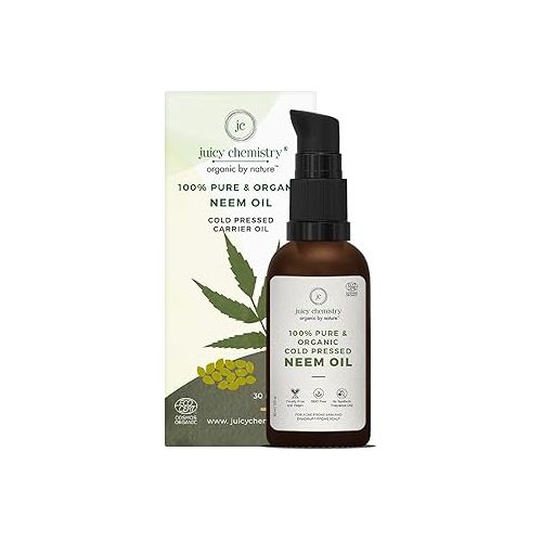 Juicy Chemistry: Neem Oil, 30 ml | Pure, Cold-pressed & Organic Carrier Neem Oil for Dandruff, Irritated & Itchy Scalp | Ecocert Certified Organic for Men & Women | Cruelty-free & 100% Vegan