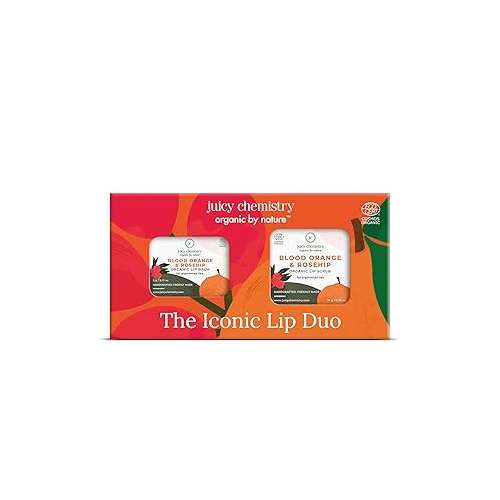 Juicy Chemistry: Iconic Lip Duo Kit - Blood Orange & Rosehip Lip Balm, 5 g & Blood Orange & Rosehip Lip Scrub, 10 g | Enriched with Natural Ceramides to Exfoliate, Hydrate, Moisturise & Helps Nurture Pigmented Lips | Formulated with Organic Castor Oil, Jojoba Oil and Vit Juicy Chemistry: Iconic Lip Duo Kit - Blood Orange & Rosehip Lip Balm, 5 g & Blood Orange & Rosehip Lip Scrub, 10 g | Enriched with Natural Ceramides to Exfoliate, Hydrate, Moisturise & Helps Nurture Pigmented Lips | Formulated with Organic Castor Oil, Jojoba Oil and Vit