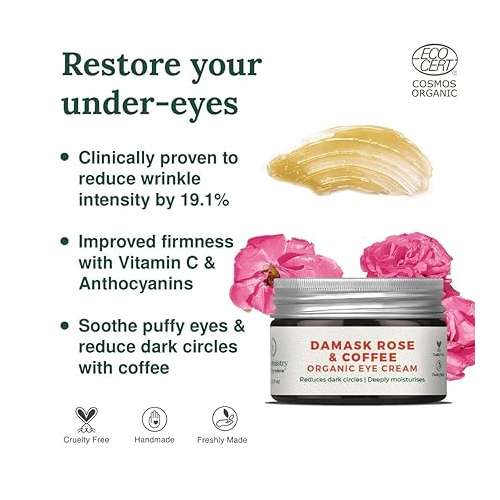 Juicy Chemistry: Damask Rose & Coffee Under Eye Cream, 5 g, Caffeine-rich Eye Cream for Dark Circles, Fine Lines & Puffy Under Eyes - Certified Organic Night Eye Cream