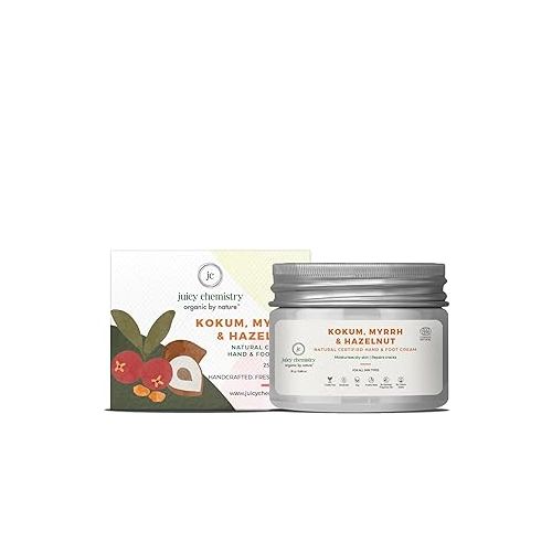 Juicy Chemistry: Kokum, Myrhh & Hazelnut Hand & Foot Cream, 25 g | Organic Hand & Foot Cream for Moisturising Dry Skin & Repairing Cracked Heels | Ecocert Certified Organic for Men & Women | Cruelty-free & 100% Veg