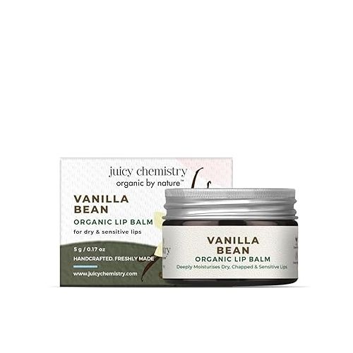 Juicy Chemistry: Vanilla Bean Organic Lip Balm, 5 g | Enriched with Delicate, Dreamy, Vanilla Beans, Cocoa Butter, Jojoba & Argan Oil to Smooth and Soften Dry, Chapped & Sensitive Lips | Lip Balm For Women & Men