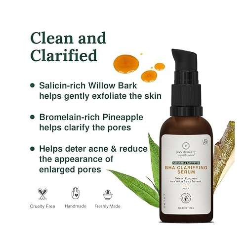 Juicy Chemistry: BHA Serum, 30 ml, for Face Acne Control & Pitted Scars, Certified Natural Clarifying Face Serum with Willow Bark & Turmeric, Exfoliates & Improves Skin Texture