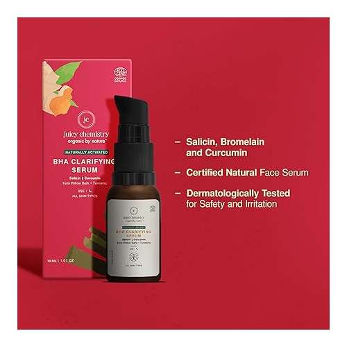 Juicy Chemistry: BHA Serum, 10 ml, For Face Acne Control & Pitted Scars, Certified Natural Clarifying Face Serum with Willow Bark & Turmeric, Exfoliates & Improves Skin Texture