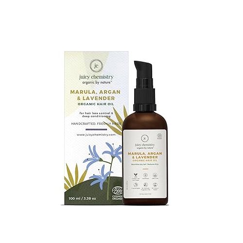 Juicy Chemistry: Marula, Argan, Lavender Hair Oil, 100 ml | Organic Hair Oil for Hair Fall Control & Deep Conditioning | Ecocert Certified Organic for Dry & Frizzy Hair | Cruelty-free & 100% Vegan