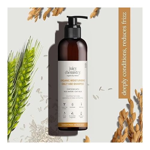 Juicy Chemistry: Moisturising Daily Use Shampoo, 200 ml | For Dry, Frizzy & Unmanageable Hair | Made with Rice Water & Oat Milk | Certified Organic Shampoo for Men & Women | Cruelty Free & Vegan