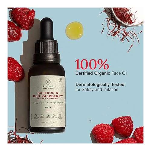 Juicy Chemistry: Saffron & Red Raspberry Facial Oil, 30 ml | Organic Face Oil for Skin Brightening & Moisturising | Ecocert Certified for Men & Women | Cruelty-free & 100% Vegan Face Oil
