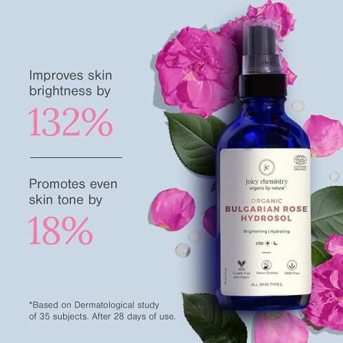 Juicy Chemistry: Organic Rose Water (Hydrosol), 110 ml | Face Toner for Glowing, Brighter and Hydrated Skin | Made with Bulgarian Damask Roses - Clinically Tested & 100% Certified Organic (Mist Spray Toner)
