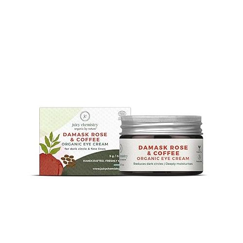 Juicy Chemistry: Damask Rose & Coffee Under Eye Cream, 5 g, Caffeine-rich Eye Cream for Dark Circles, Fine Lines & Puffy Under Eyes - Certified Organic Night Eye Cream