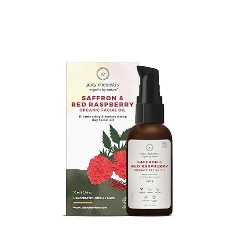 Juicy Chemistry: Saffron & Red Raspberry Facial Oil, 10 ml | Organic Face Oil for Skin Brightening & Moisturising | Ecocert Certified for Men & Women | Cruelty-free & 100% Vegan