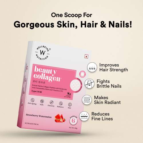 Wellbeing Nutrition: Beauty Korean Marine Collagen | Type 1 & 3 Peptides, Hyaluronic Acid, Astaxanthin, Biotin, Vit C | Hydration, Elasticity, Hair Growth, Anti-aging | Strawberry Watermelon 6 Sachets