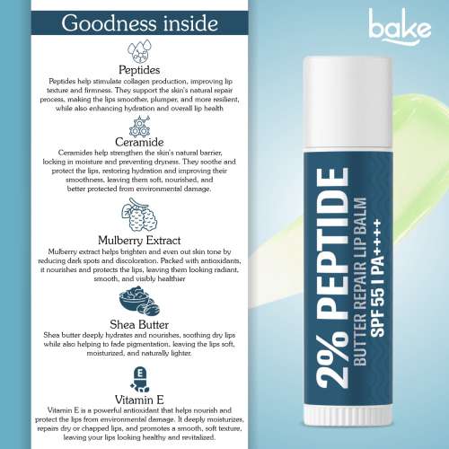 Bake Cosmetics: 2% Peptide + Ceramide Butter Brightening Lip Balm SPF 55 PA++++ with 24 Hour Moisturization For Dark, Pigmented, Dry, Flaky & Chapped Lips