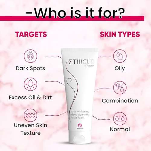 Ethiglo: Skin Whitening Deep Cleansing Facial Foam Face Wash for Healthy, Soft and Smooth Skin | Removes Dirt, Impurities and Excess Oil | Suitable for All Skin Types - 200gm